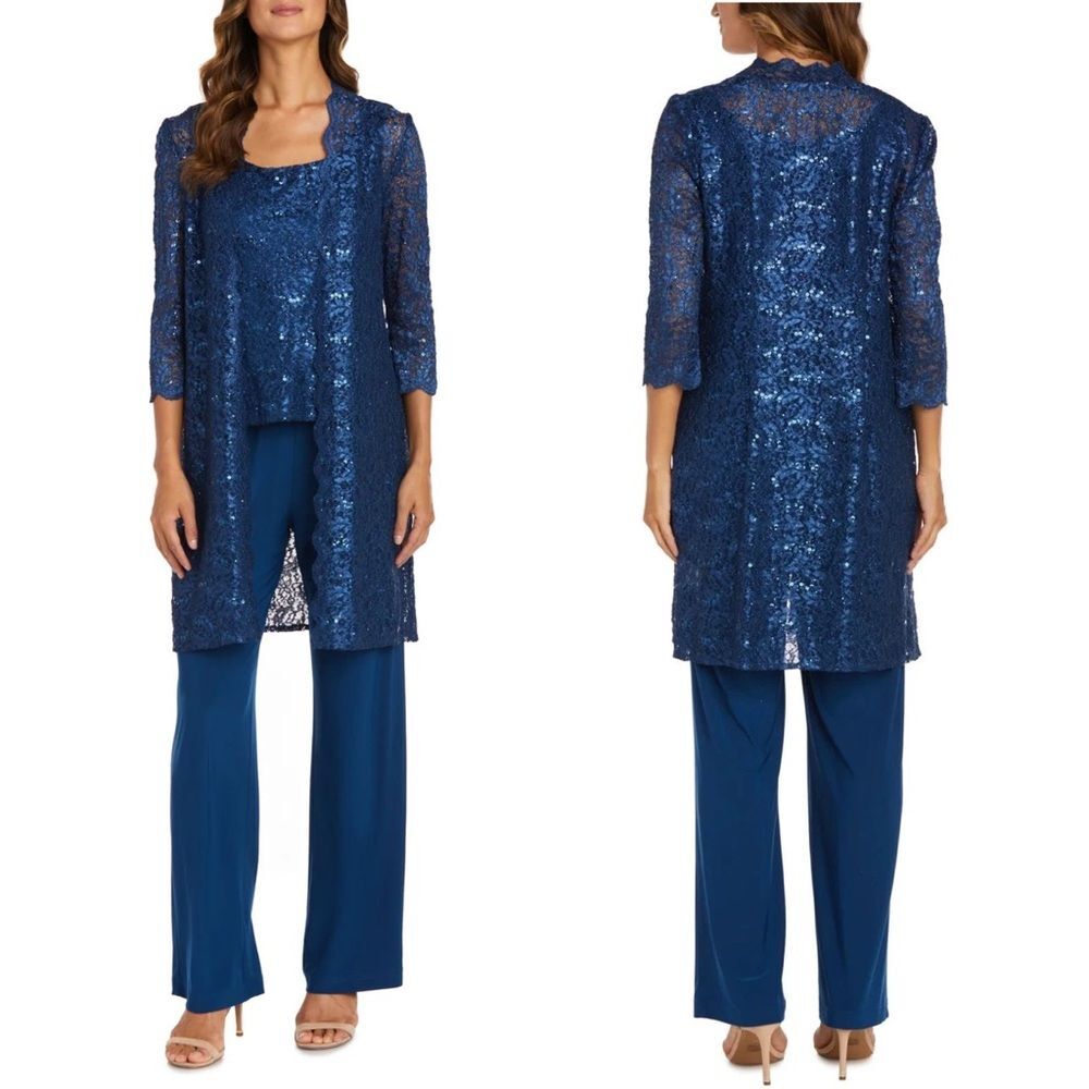 R&M Richards Metallic Lace Tank Top and Pant Set with Sheer Lace Jacket Blue 16